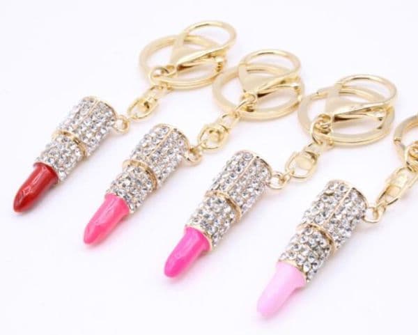 New Lipstick key chain lovely party gift for women girls Fashion jewelry metal crystal lipstick keychains bag car accessories key ring whole