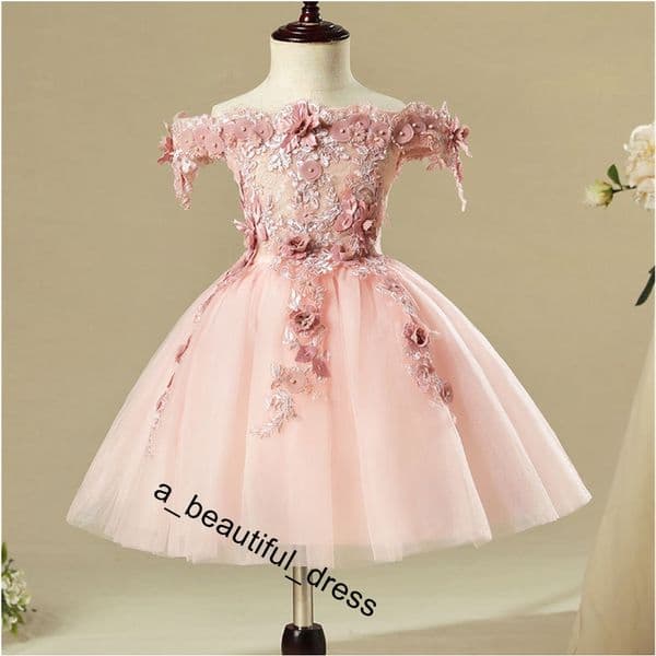 Pink Bead Decoration Long Flower Girl Dress New Girl Ball Gown pageant Wedding Party Exchange Dress Ball Beauty Sexy Shoulder Dress FG1269
