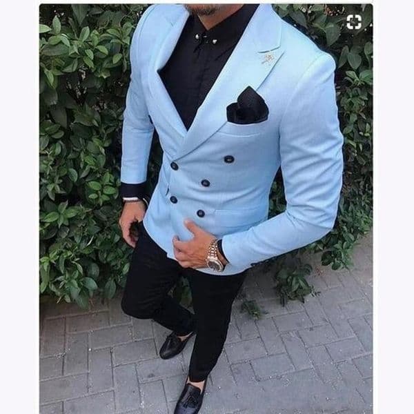 Classic Style Double Breasted Light Blue Groom Tuxedos Peak Lapel Men Suits Wedding/Prom/Dinner Best Man Blazer (Jacket+Pants+Tie) W295