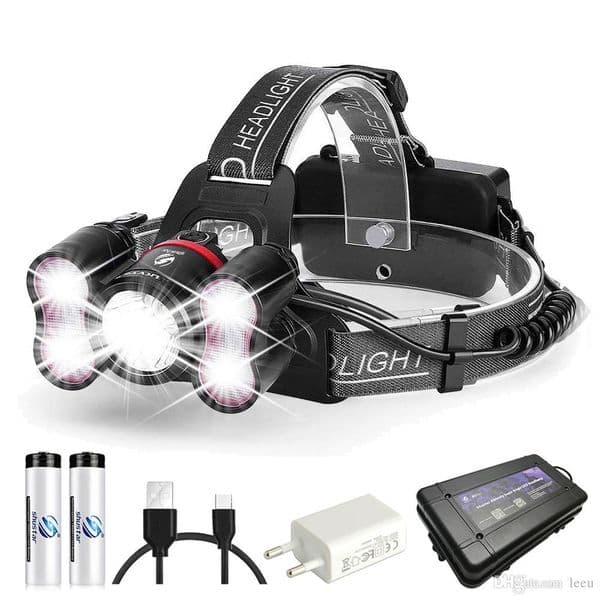 5 LEDS super bright LED headlamp 10000 lumens led headlighr 4 switch modes fishing lamp Waterproof headlight +2x 18650 batteries