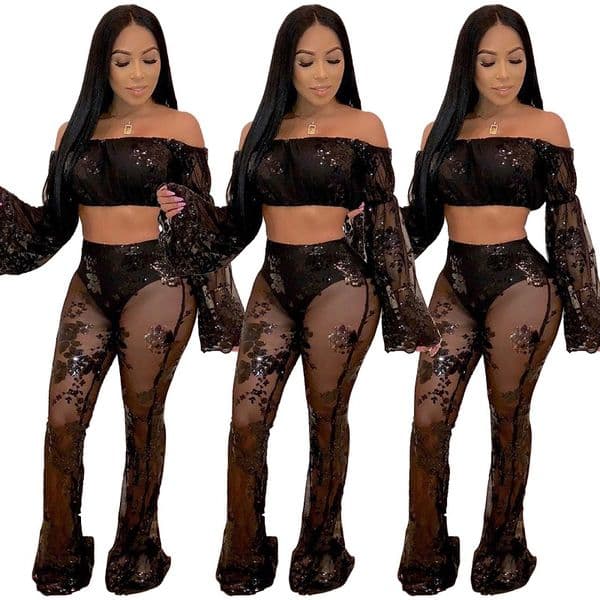 Women's Sexy Sequin Mesh See Through Two-piece for Party Q192