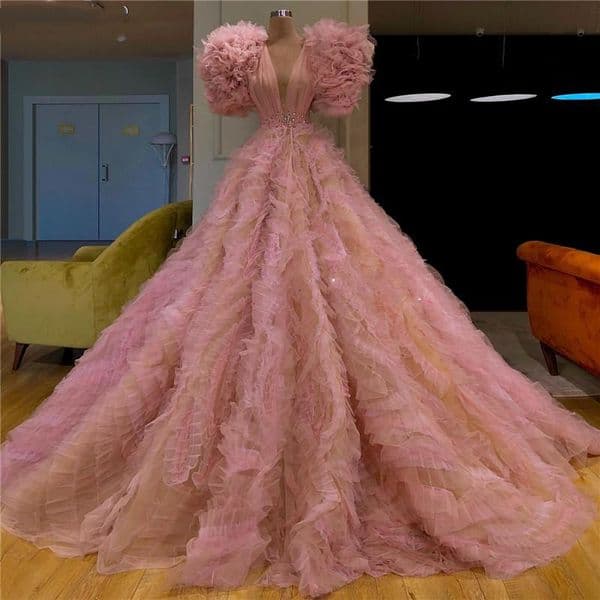 African Tiered Prom Dresses For Weddings Pink Tulle Turkish Robe De Soiree quinceanera dresses Party Gowns Dubai Long Evening Dress 2020
