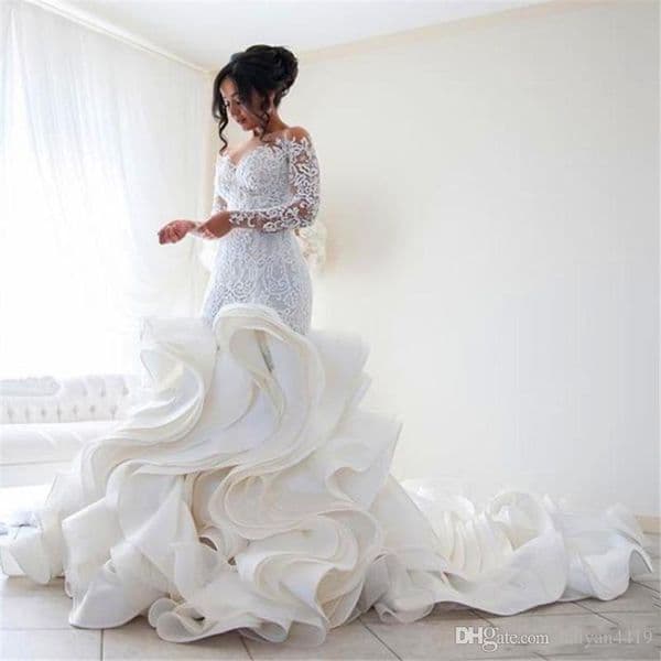 New Vintage Luxury Mermaid Wedding Dresses Lace Jewel Neck Long Sleeves Ruffles Tiered Chapel Train vestido Plus Size Custom Bridal Gowns