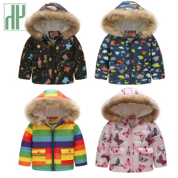 HH Kids winter jacket with fur Hooded dinosaur Printed rainbow children snow jacket Boy Windbreaker Outerwear Girls Parkas Coats