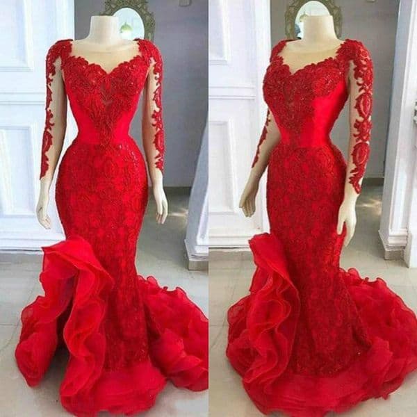 2021 Elegant Mermaid Evening Dresses Sheer Neckline Lace Appliqued Long Sleeves Prom Dress Arabic Dubai Formal Party Gowns