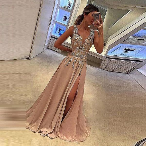 2019 Prom Dresses Sexy Deep V-neck applique vestido lace formatura Long evening gowns chiffon high side Slit Sleeveless Appliques