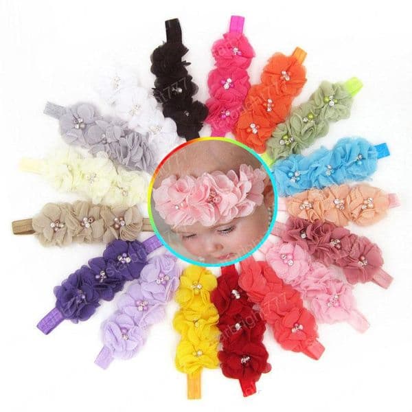 New Baby Girl 3 Flower Headband Kids Princess Headwrap Beads Tulle Elastic Ornaments Hairband Children Hair Accessories