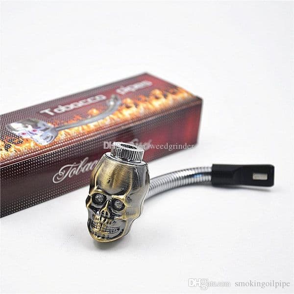 Wholesale cheap LED lighter skull tobacco pipe protable Cigarette rasta reggae metal smoking pipe with Gift Box
