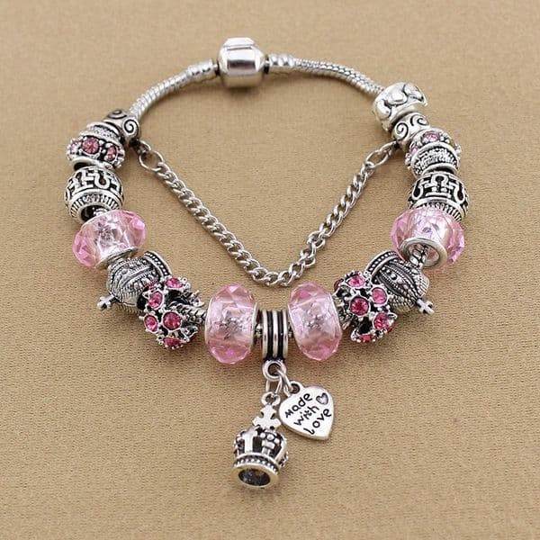 Crown Pendant Charm Bracelet 925 Sterling Silver Snake Chain BRACELET Pink Blue Green Bead Charms bracelet Women Girls Party Jewelry with Luxurious Box Set