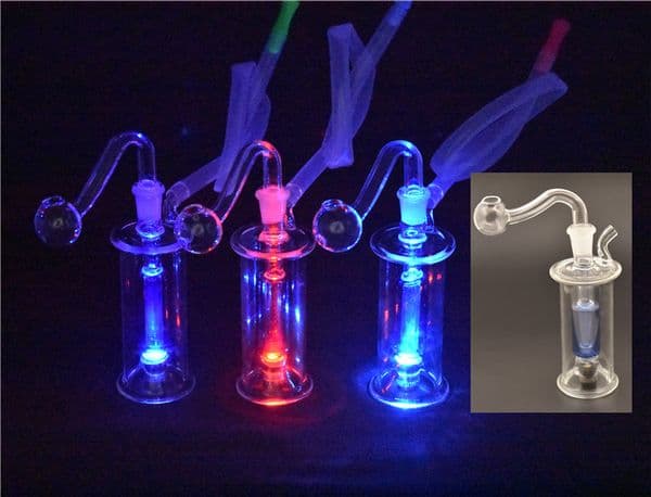 LED Glass Bong Portable smoking Water Pipe Inline Perc Smoking Hookah Pipes with 10mm glass oil burner pipe and hose