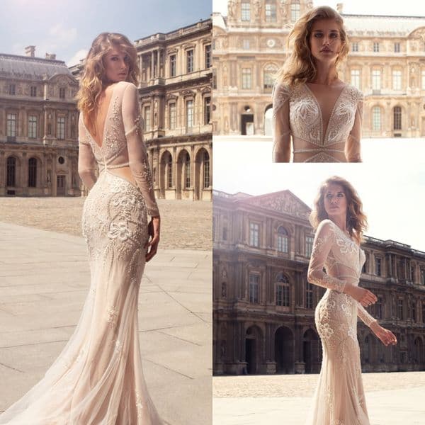 Fashion Mermaid Wedding Dresses Long Sleeve Sheer V Neck Tulle Illusion Bridal Wedding Gowns Lace Vestido De Noiva