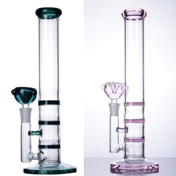 11 Inch Pink Dark-green Straight Beaker Thick Bong Tall Hookah Triple Honeycomb Bongs Recycler 14mm Joint