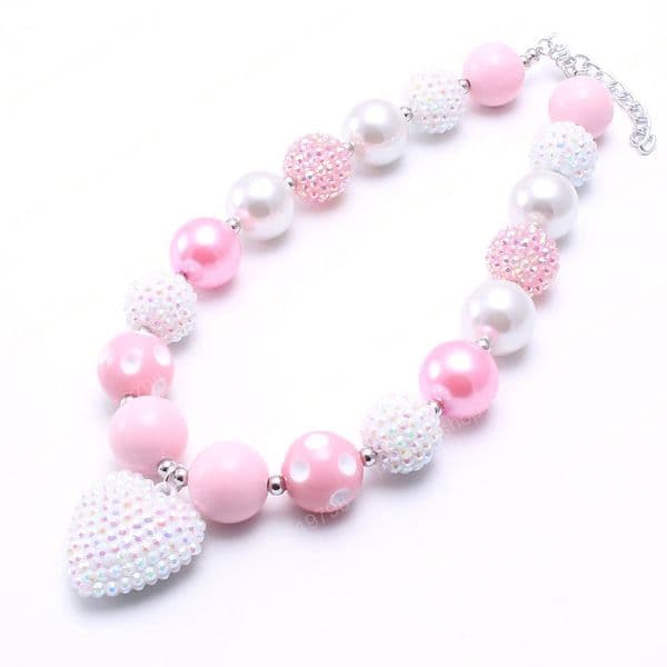 Love Heart Pendant Baby Kid Chunky Necklace Pink+White Girl Kids Bubblegum Chunky Bead Necklace Children Jewelry