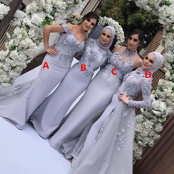 Arabic Long Sleeve Mermaid Muslim Bridesmaid Dresses with Hijab Detachable Skirt 3D Flower Long Wedding Guest Formal Party Gowns