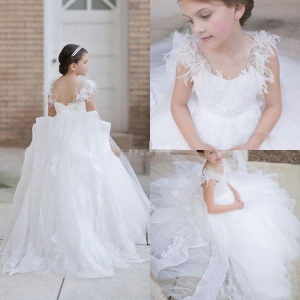 White Wedding Flower Girl Dresses with Crystal Appliques Feather A Line For Little Girls Backless Communion Birthday Party Dress