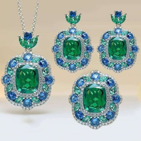 Europe America Luxury Platinum Plated Jewelry Fashion Women Bridal Square Green Stone Pendant Necklaces Earrings Rings Sets