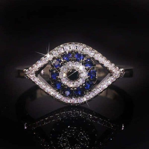 Female Blue Crystal Stone Charm Zircon Silver Color Wedding Jewelry For Women Dainty Evil Eye Hollow Engagement Ring