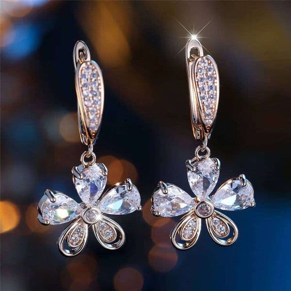 Charm Female White Purple Crystal Zircon Stone Folwer Hoop Earrings Gold Color Simple Wedding Jewelry For Women