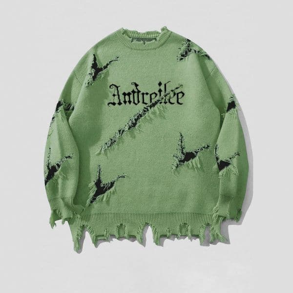 WOZK men's ripped sweater, autumn and winter distressed, letter jacquard knit sweater, top trendy