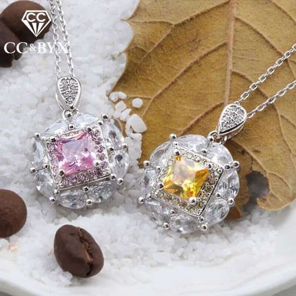 CC Pendants For Necklaces Women Pink/Yellow Cubic Zirconia Square Stone Luxury Wedding Bridal Bijoux Chain CCN251