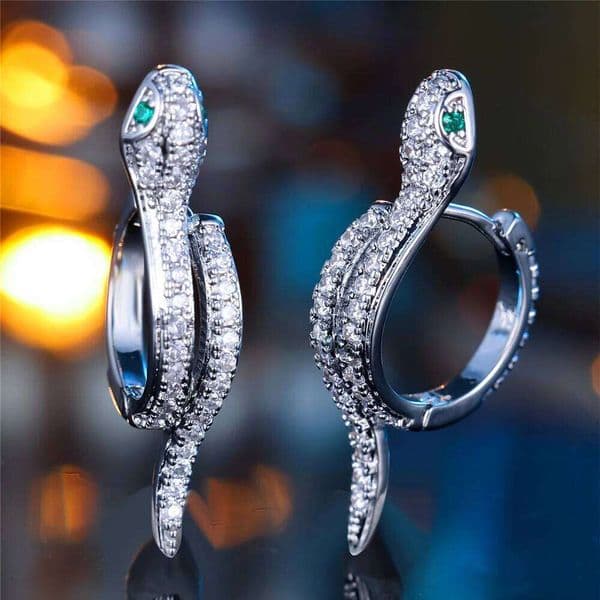 Cute Female Small White Green Zircon Stone Snake Animal Hoop Earrings Fashion Silver Color Wedding Jewelry For Women