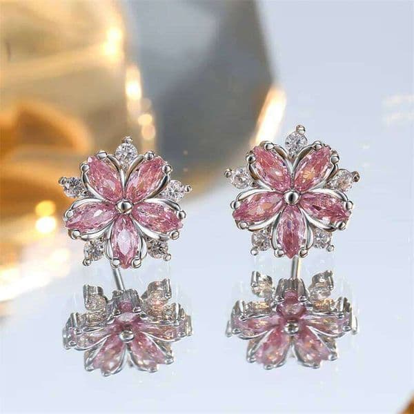 Luxury Female Pink Stone Flower Stud Earrings Silver Color Zircon Wedding Jewelry For Women