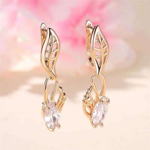 Charm Female White Crystal Zircon Stone Tree Leaf Hoop Earrings Gold Color Simple Wedding Jewelry For Women