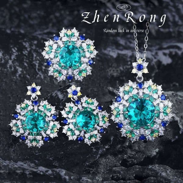 Exquisite Luxury Zircon Jewelry Sets Women Fashion Silver Color Paraiba CZ Pendant Necklaces Earrings Rings Wedding Gifts