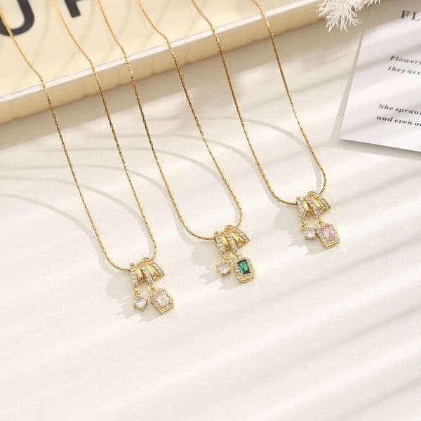 Exquisite Light Luxury W-Shaped Stainless Steel Necklace Simple Sweater Fashion Versatile Pink Diamond-Studded Pendant Collarbone Chain for Women