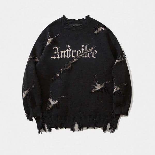 WOZK men's ripped sweater, autumn and winter distressed, letter jacquard knit sweater, top trendy designer warm