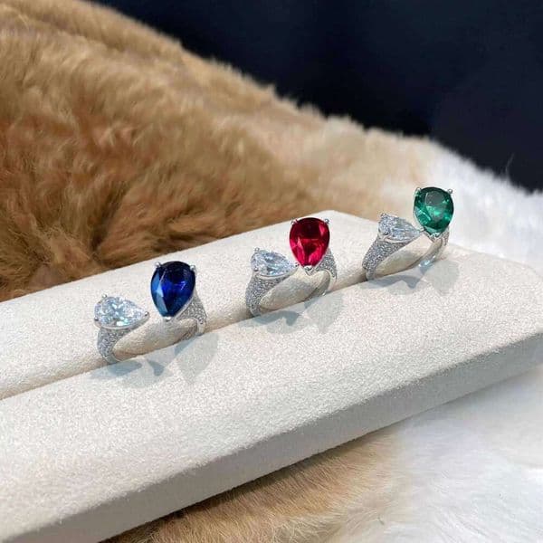 Luxury Female Red/Green/Blue Water Drop Zircon Stone Rings Trendy Silver Color Engagement Bride Wedding Jewelry Gift For Women