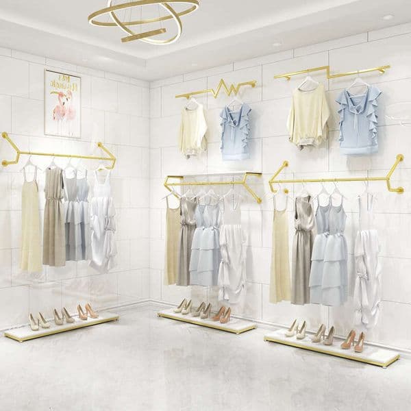 Modern Golden Clothing Rack Wall Mounted, Display Shelf with Side Hanging & Front Hanging for Boutique, Women's and Kids' Fashion Garment Rack