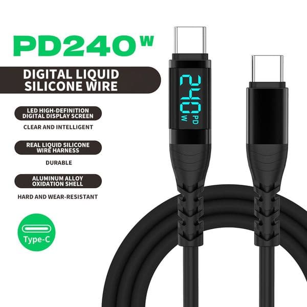 240W 5A Silionce USB C to USB C Data Cable Type-C Charger Cable PD Fast Charging Cord with LED Display for iPhone 17/16 MacBook Pro Samsung Galaxy A17