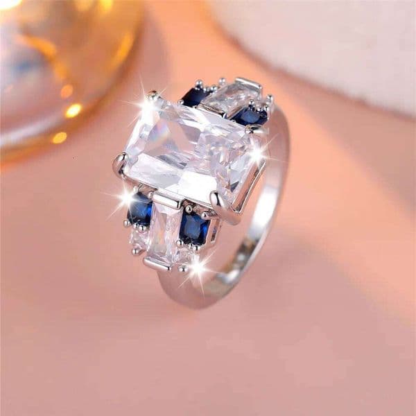 Unique Female White Blue Square Round Zircon Stone Ring Silver Color Dainty Gift Party Wedding Jewelry For Women