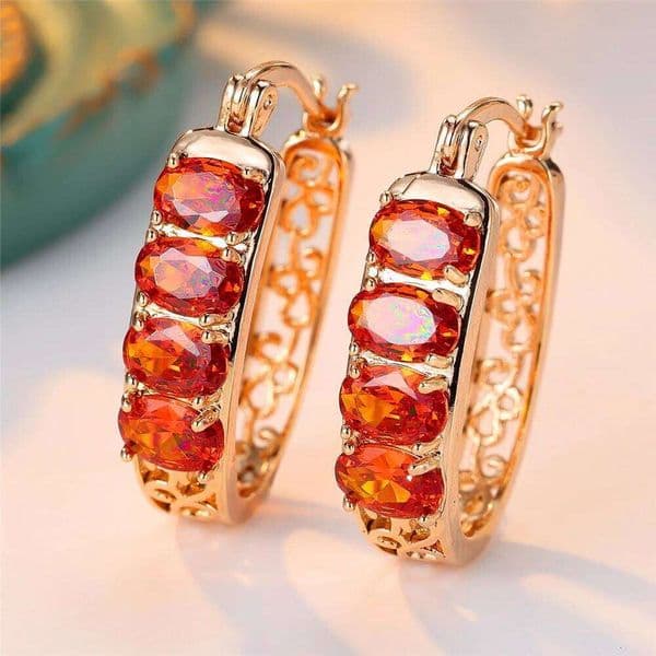 Trendy Crystal Red Zircon Oval Hoop Earrings For Women Vintage Gold Color Wedding Jewelry