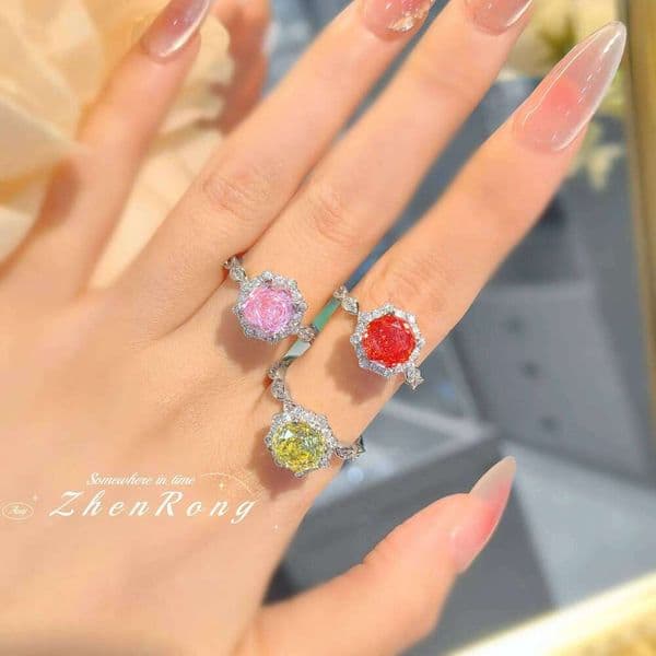 Luxury Round Rose Flowers Cut Yellow/Pink/Orange Cubic Zirconia Rings Wedding For Women Party Jewelry Engagement Ring