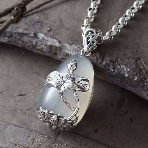 925 Silver Original Designer's Natural Ice Jade Marrow White Necklace for Women Fashion Koi Lotus Flower Pendant Vintage Jewelry
