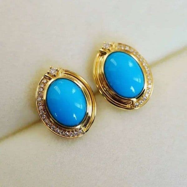 new in retro elegant oval blue earings stud Advanced style inlaid with diamonds and turquoise earrings for women banquet jewelry