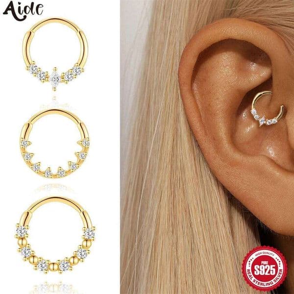 Aide Nose Ring 100% 925 Sterling Silver Zircon Clicker Piercing Ear Cartilage Helix Hoop Earings Women Eat Bone Huggies Anillos