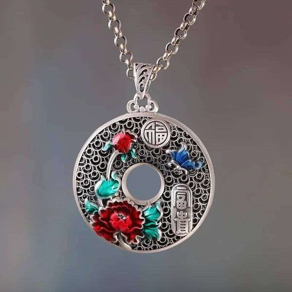 Vintage National Style Peony Flowers Necklace for Women 925 Silver Colorful Colors Enamel Round Pendant Jewelry Chi-pao Gift