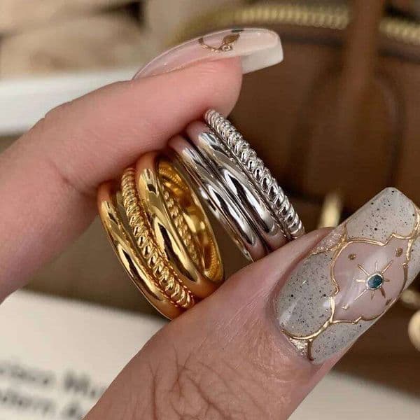 Fashion glossy three piece ring sets Light luxury minimalist style Twists wide narrow version rings daily retro party jewelry
