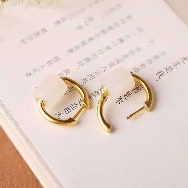Silver Inlaid Natural Hetian White Jade Earrings for Women Charms Light Luxury Cold Wind Craft Niche Design Brand Jewelry
