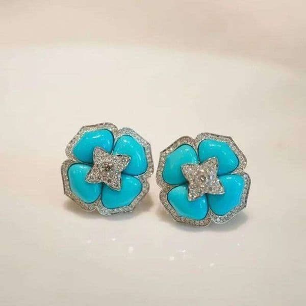 Luxury and fashionable turquoise earings stud with silver inlaid blue flower earrings for women classic wedding jewelry gift