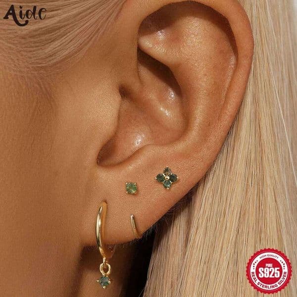 Aide 925 Sterling Silver 3PCS Natural Round Moss Agate Earrings Set For Women 18K Gold Ins Minimalist DIY Earring Fine Jewelry
