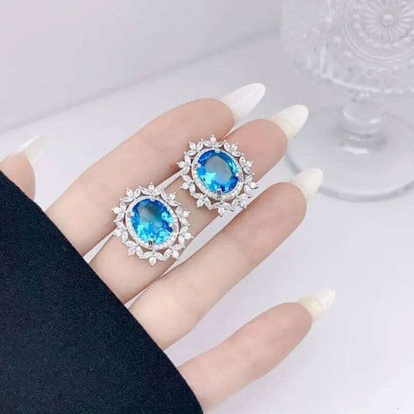 Sparkling retro blue and yellow flower earings stud aquamarine earrings for women light luxury elegant daily silver 925 jewelry