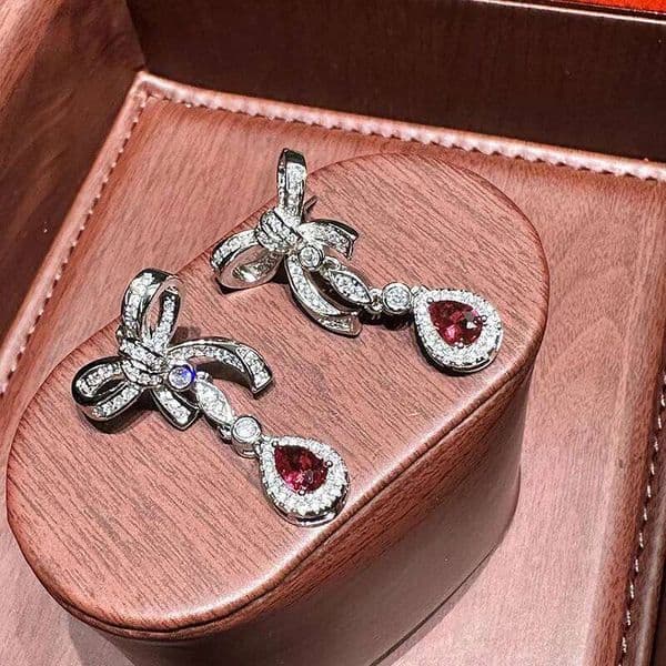 Retro Sweet Style Bowknot earrings for women Classic Fashion silver 925 Water Drop Tassel Ruby Earring Wedding Bridal Jewelry