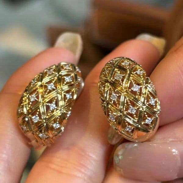Vintage woven hollow out inlay crystal earrings rhombus grid pattern High quality fashion earings wedding creativity jewelry