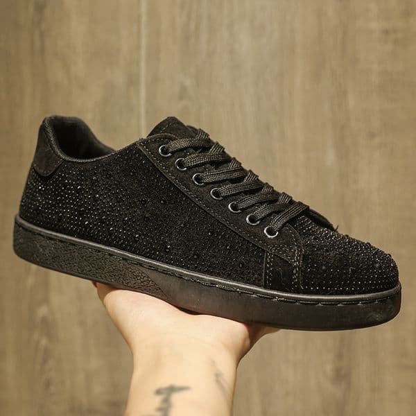 Luxury 2026 Men's Fashion Rhinestone Decor Casual Sneakers - Black Suede-like Low-Top Shoes for Daily/Streetwear Size 39-44