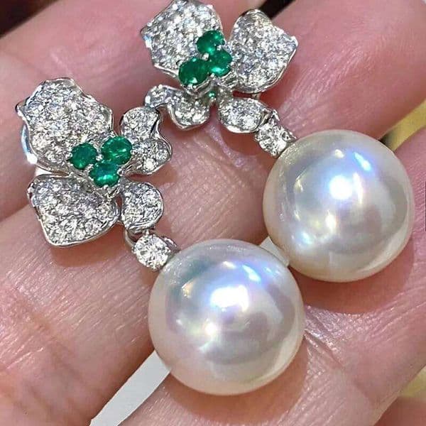 Retro fashion elegant round beads pearl earrings for women silver 925 inlay green diamond flower earring wedding jewelry gift