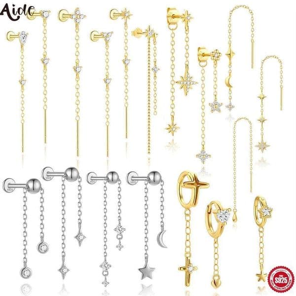 Aide 925 Sterling Silver Long Chain Tassel Drop for Women Crystal Zircon Star Perforation Earring Jewel Gift Pendientes